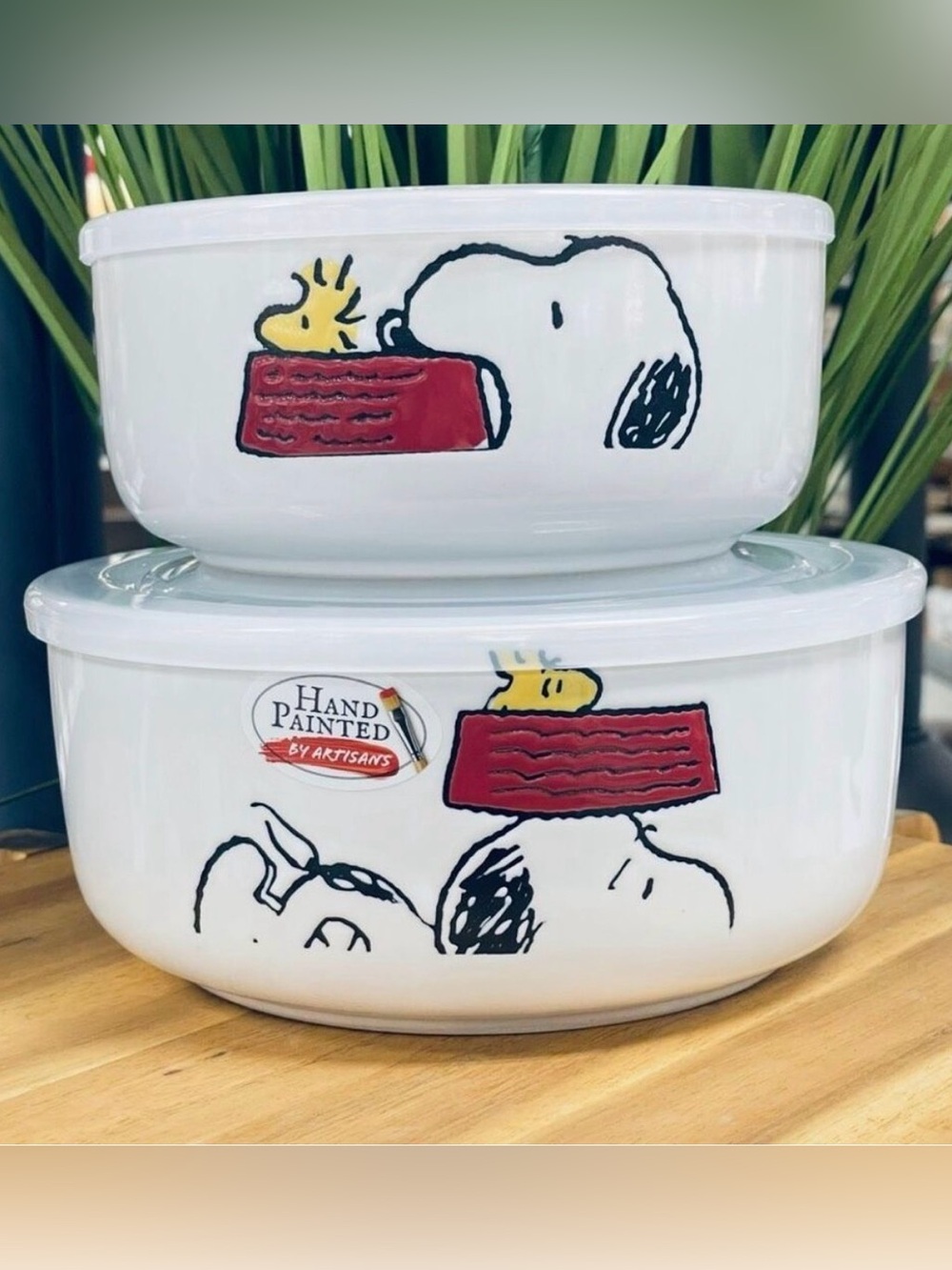 NWT Peanuts Snoopy Woodstock White Red Ceramic 2 Pc Food containers w/ Lids Set